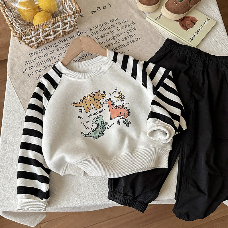 Boys Cute Dino Stripe-Sleeve Sweatshirt & Jogger 2-Piece Set
