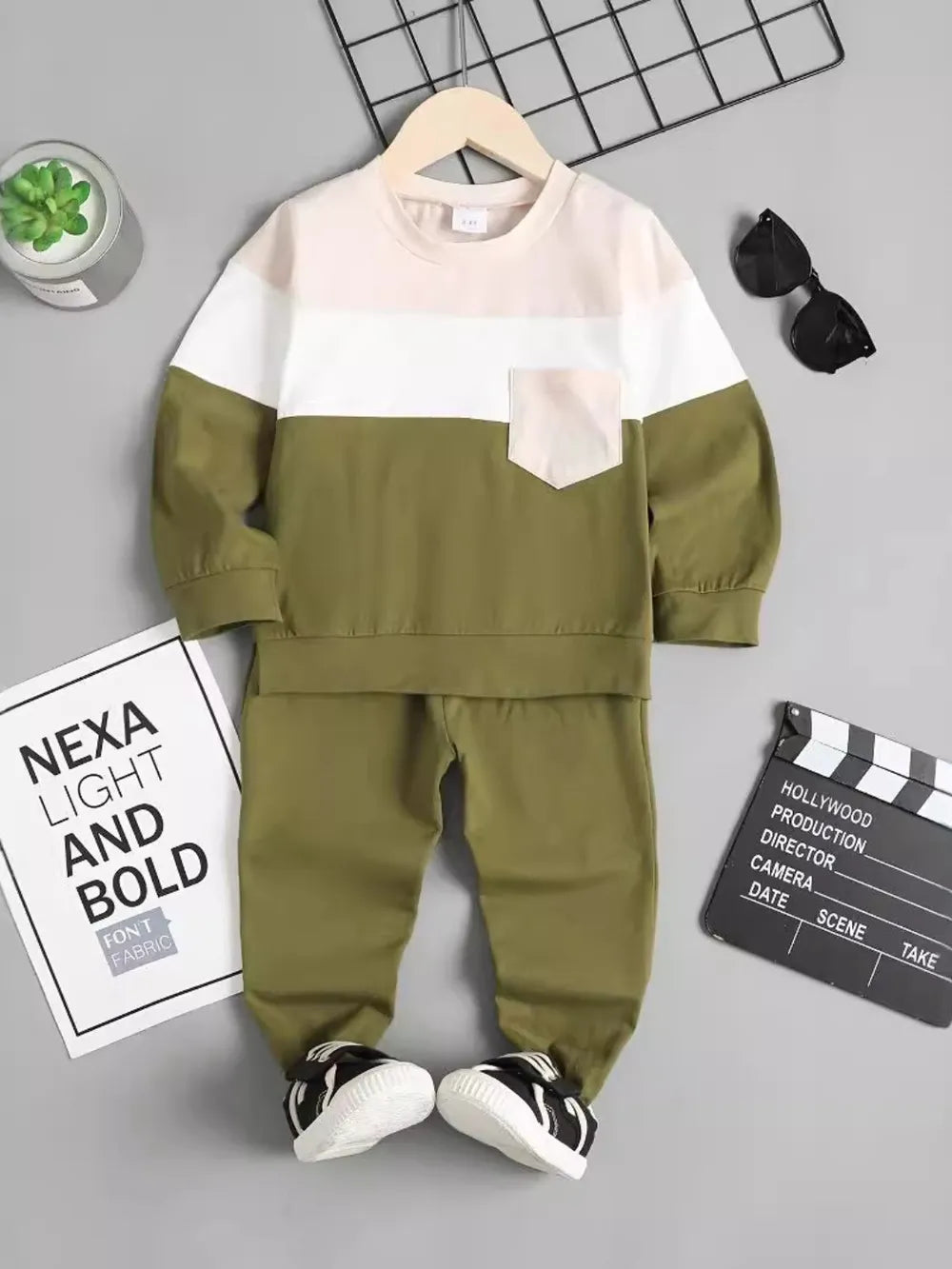 Boys Colorblock Sweatshirt & Jogger Set – Olive Green