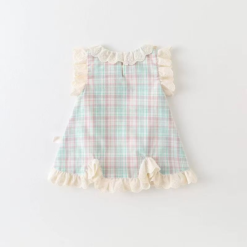 Pastel Plaid Lace Ruffle Dress with Bunny Appliqué
