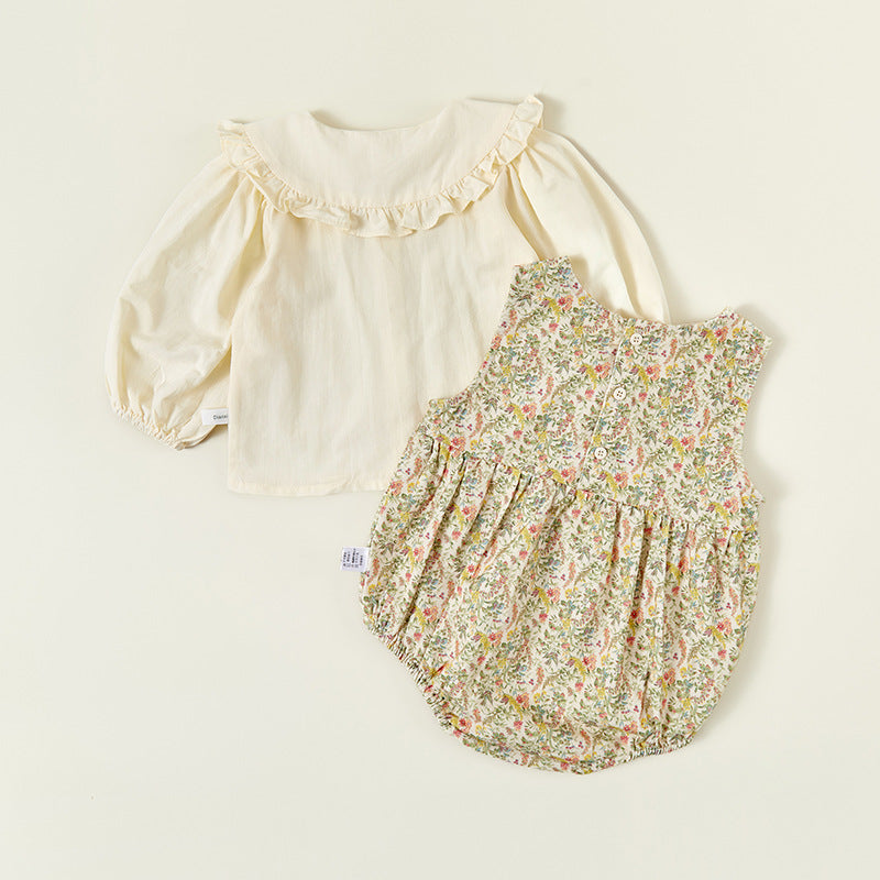 Baby Girls Floral Romper & Bird Embroidery Blouse Set