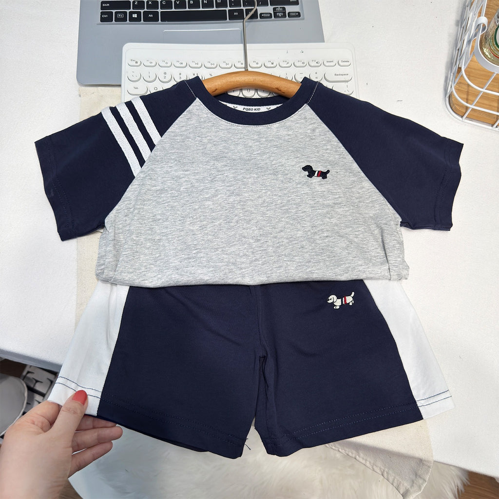 Boys Navy & Grey Stripe-Sleeve Raglan Tee & Shorts 2-Piece Set