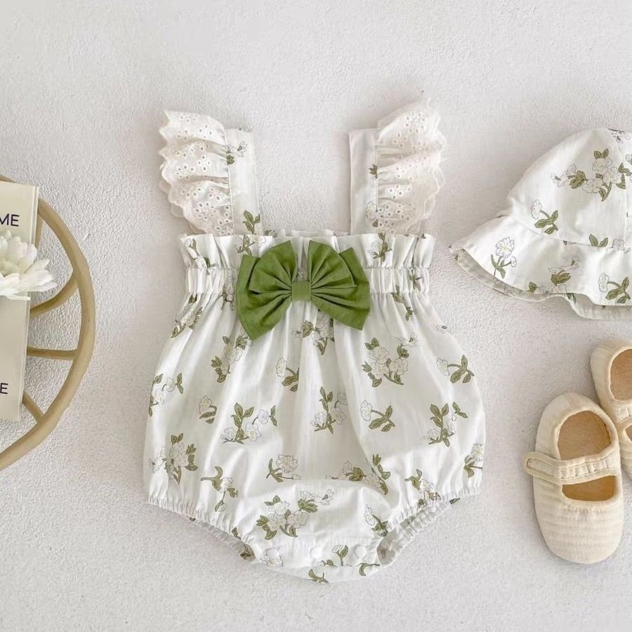 2-Piece Garden Floral Baby Romper Set with Matching Hat