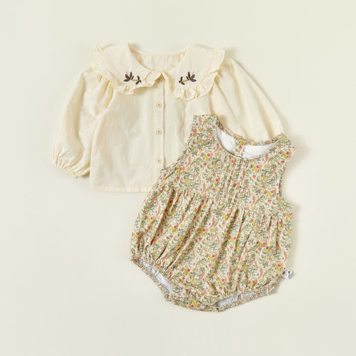 Baby Girls Floral Romper & Bird Embroidery Blouse Set