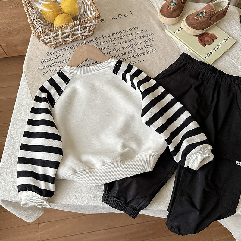 Boys Cute Dino Stripe-Sleeve Sweatshirt & Jogger 2-Piece Set