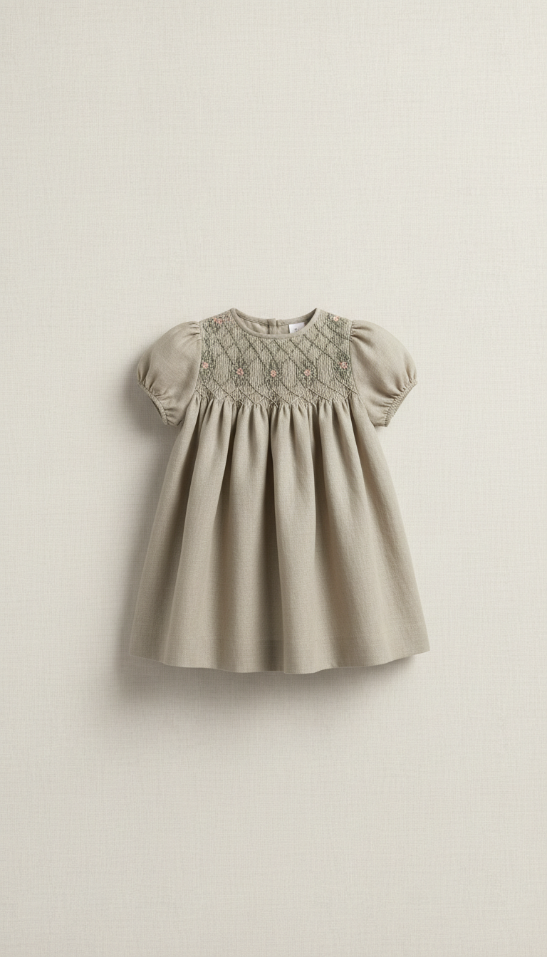 Linen Smocked Dress with Hand Embroidery