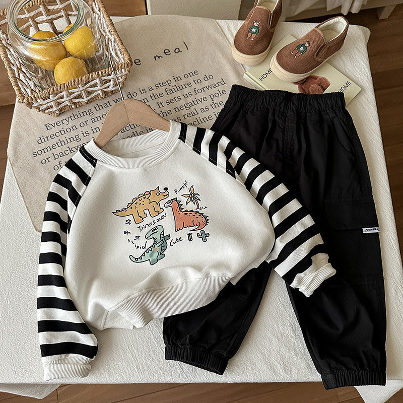Boys Cute Dino Stripe-Sleeve Sweatshirt & Jogger 2-Piece Set