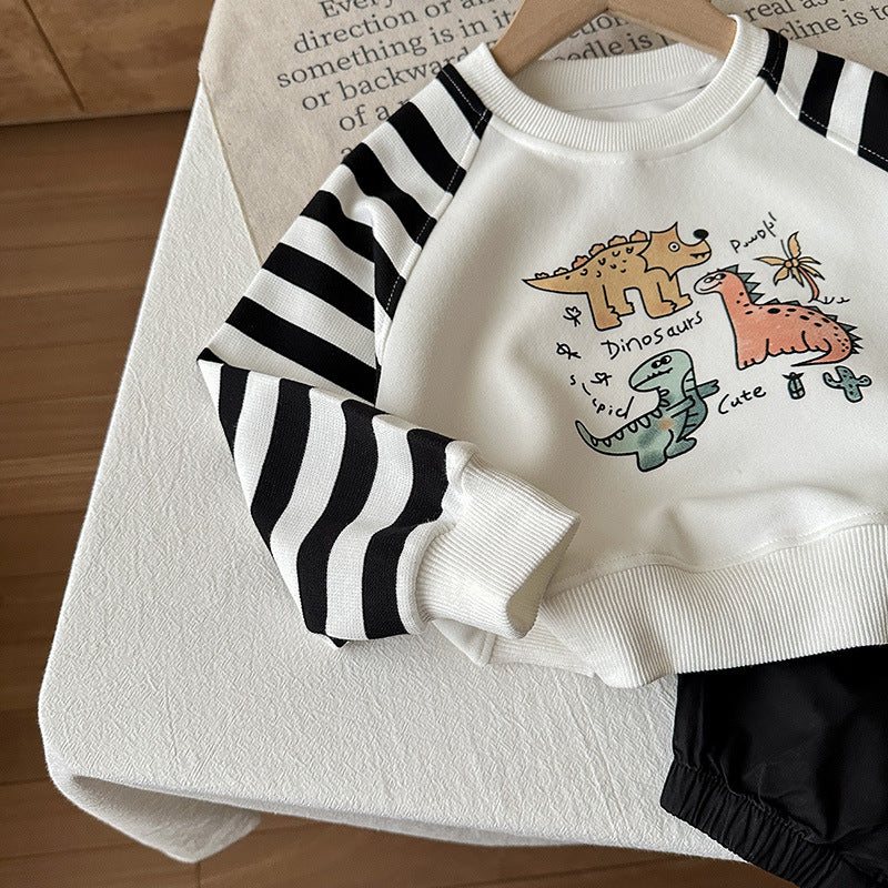 Boys Cute Dino Stripe-Sleeve Sweatshirt & Jogger 2-Piece Set