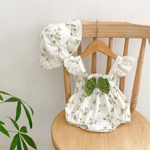 2-Piece Garden Floral Baby Romper Set with Matching Hat
