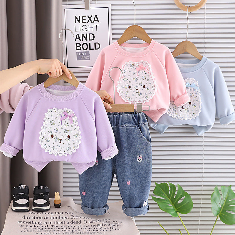 Cozy Bear Print Pullover & Jeans Set – Toddler & Kids