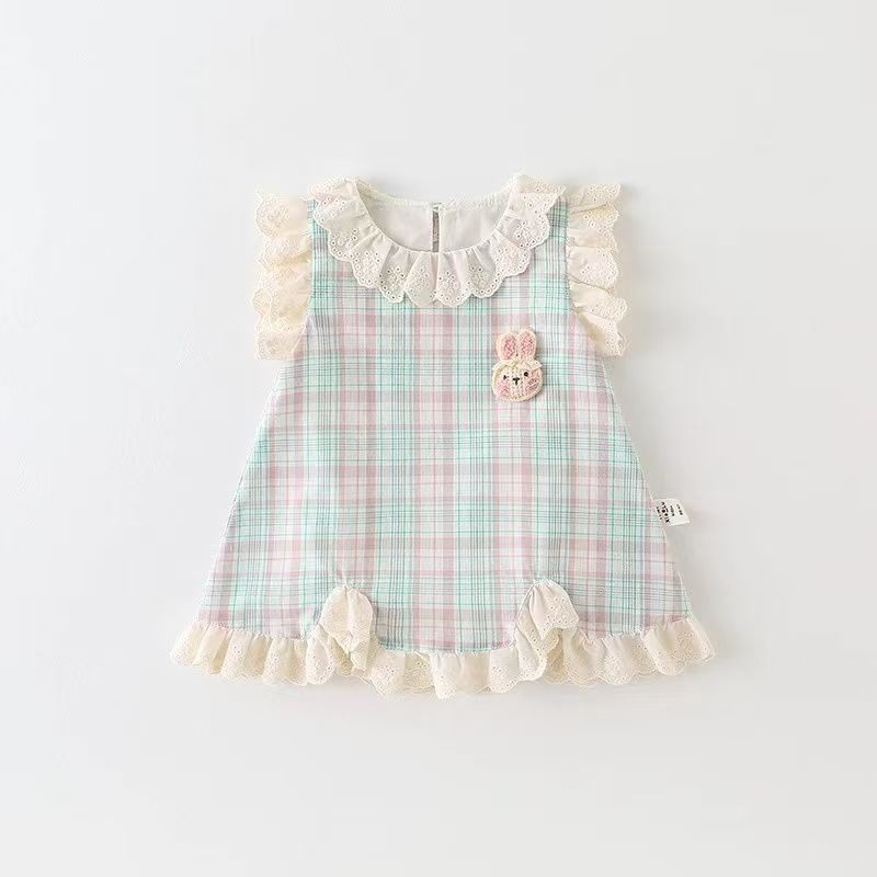 Pastel Plaid Lace Ruffle Dress with Bunny Appliqué