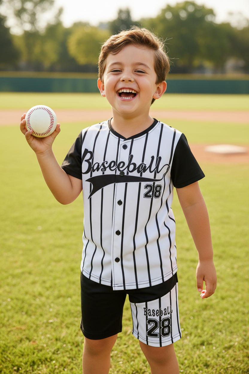 Boys Pinstripe Baseball Jersey & Shorts Set – Game Day 2-Piece