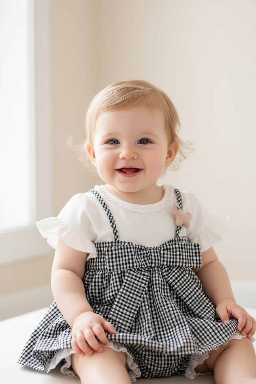 Baby Girls Flutter Sleeve Gingham Suspender Set – Black or Red