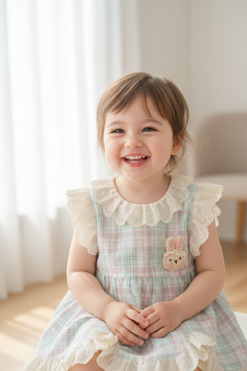 Pastel Plaid Lace Ruffle Dress with Bunny Appliqué