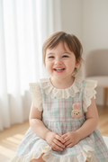 Pastel Plaid Lace Ruffle Dress with Bunny Appliqué